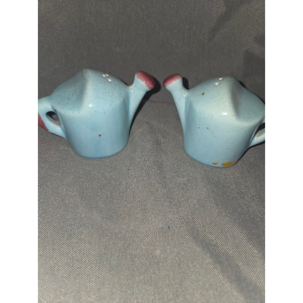Vintage Blue Watering Can Salt and Pepper Shakers Set Ceramic Pink Accents
